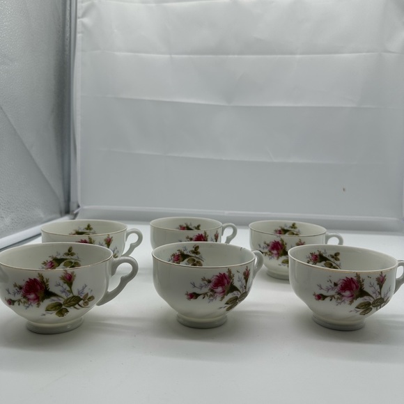 Vintage Green China Japan GRJ1 5 Tea Cups Mugs Pink Flowers Floral - Picture 2 of 5